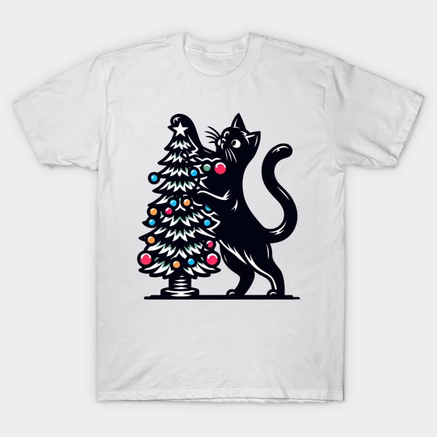 Black Cat Christmas Tree T-Shirt by Happy Shirt